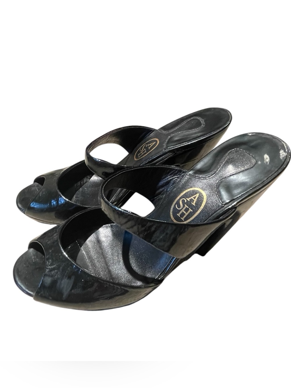 ASH High End Designer Patent Black Platform Heels Peep Toe Shoes Size 7